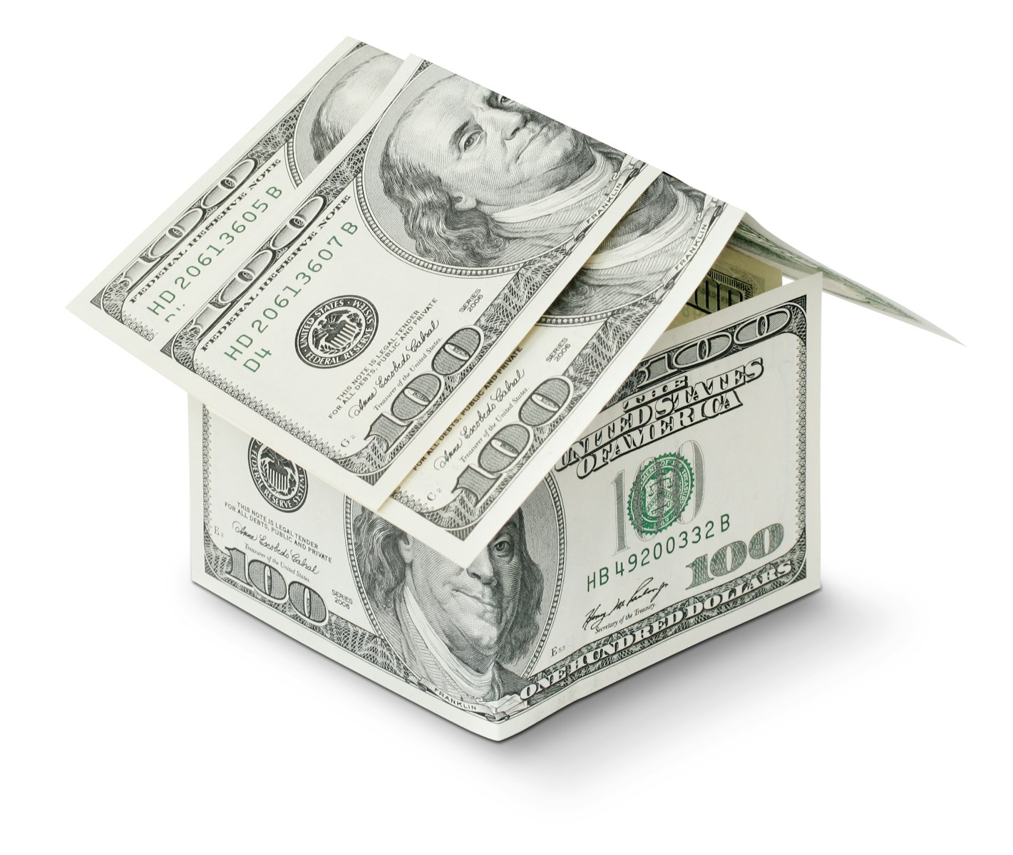 a house made out of money on a white background symbolizing homeowners insurance rates